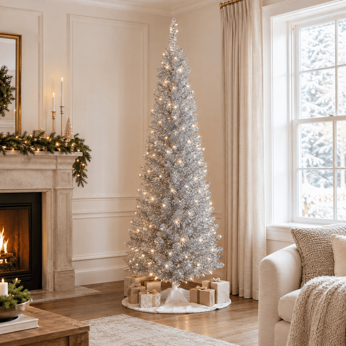 8' Slim Silver Artificial Christmas Tree, 618 Branch Tips, Pencil Styl