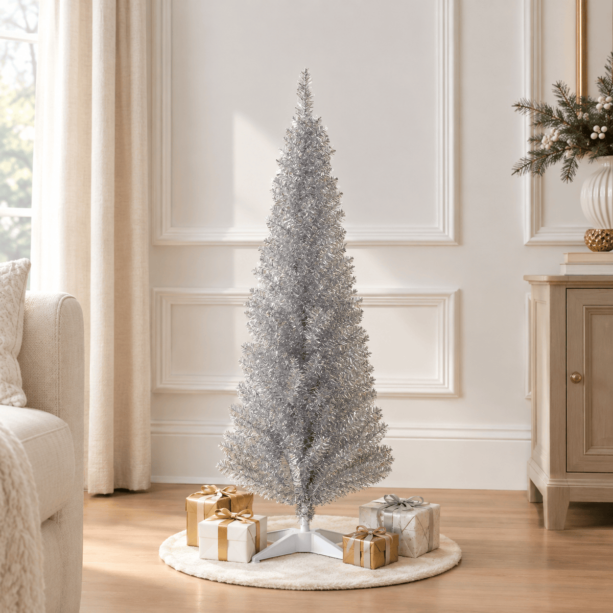 8' Slim Silver Artificial Christmas Tree, 618 Branch Tips, Pencil Styl