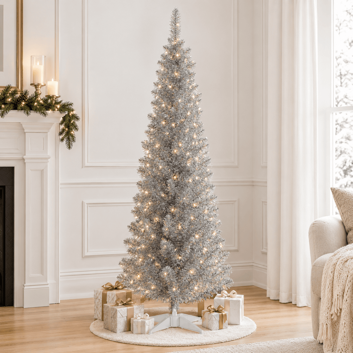 8' Slim Silver Artificial Christmas Tree, 618 Branch Tips, Pencil Styl