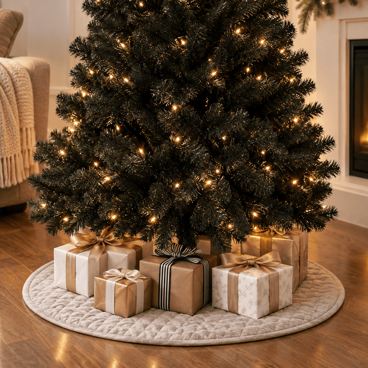 Black Artificial Christmas Tree with 250 Purple LED Lights, Hinged