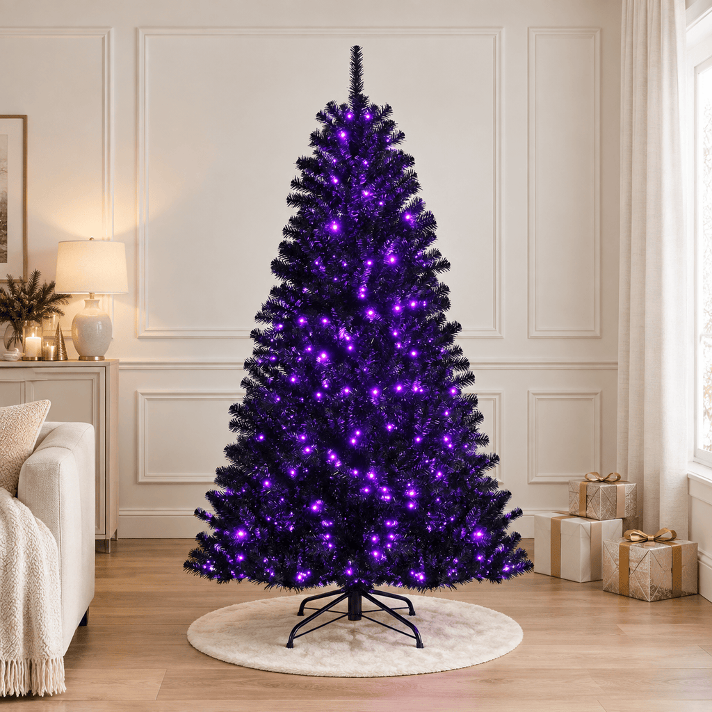 Black Artificial Christmas Tree with 250 Purple LED Lights, Hinged
