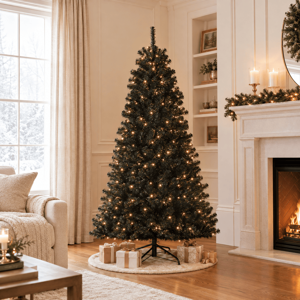 Black Artificial Christmas Tree with 250 Purple LED Lights, Hinged