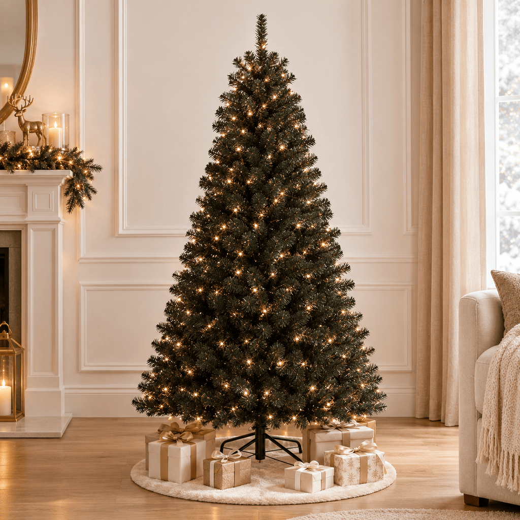 Black Artificial Christmas Tree with 250 Purple LED Lights, Hinged