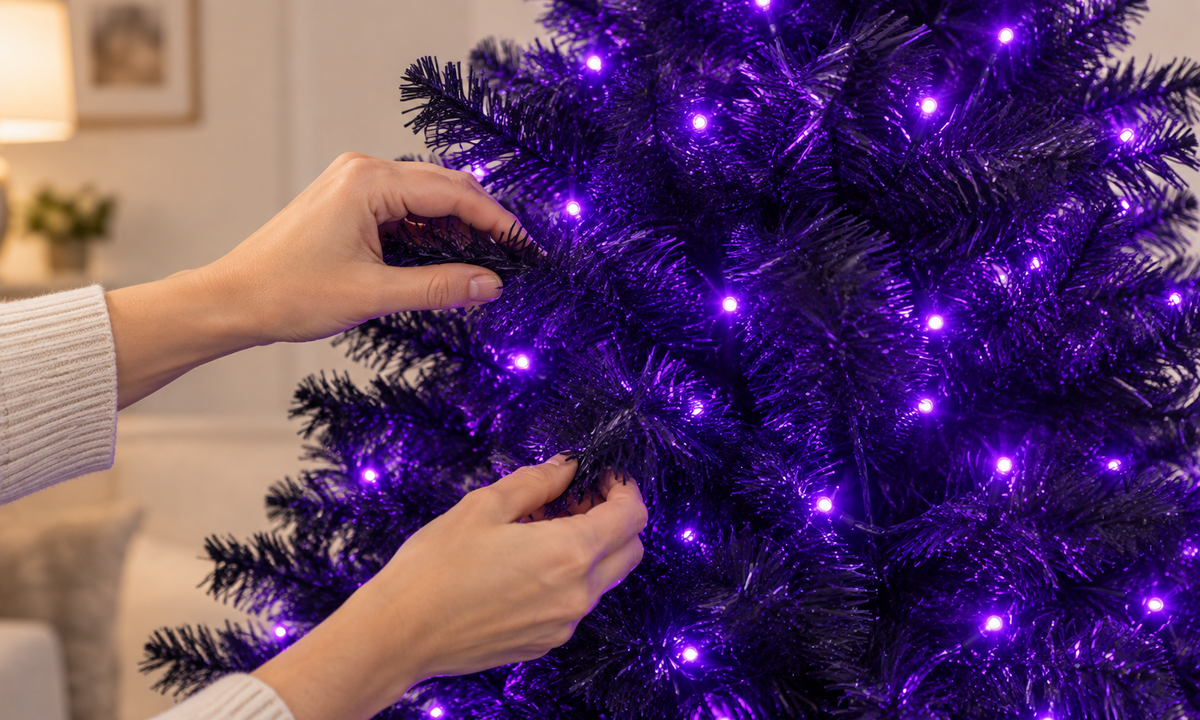 Black Artificial Christmas Tree with Pre-Lit Purple LED - Setup