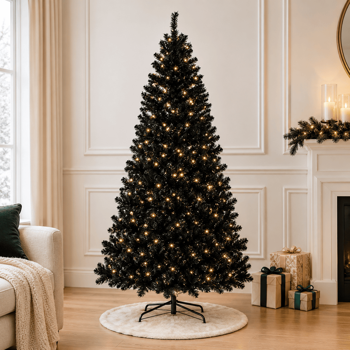 Black Pre-Lit Christmas Tree with 250 LED Lights, Hinged Branches