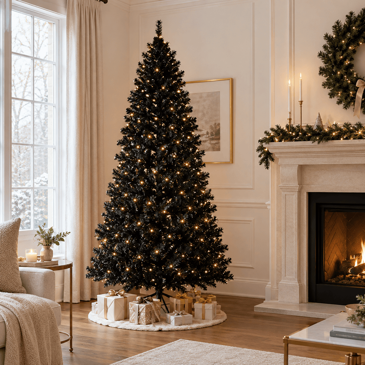 Black Pre-Lit Christmas Tree with 250 LED Lights, Hinged Branches