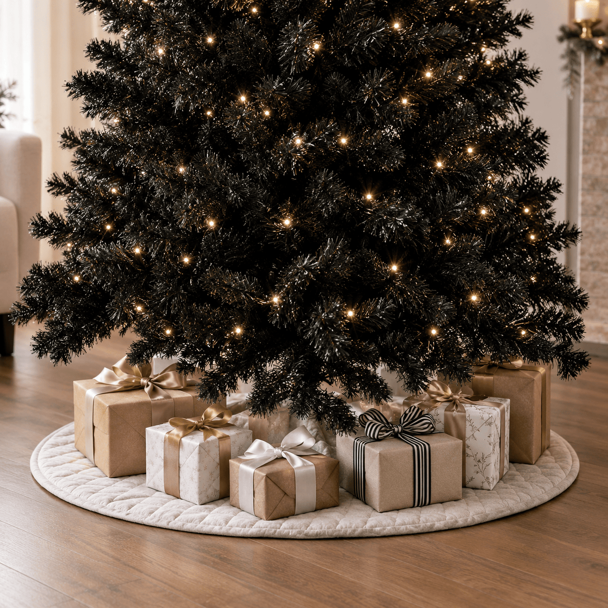 Black Pre-Lit Christmas Tree with 250 LED Lights, Hinged Branches