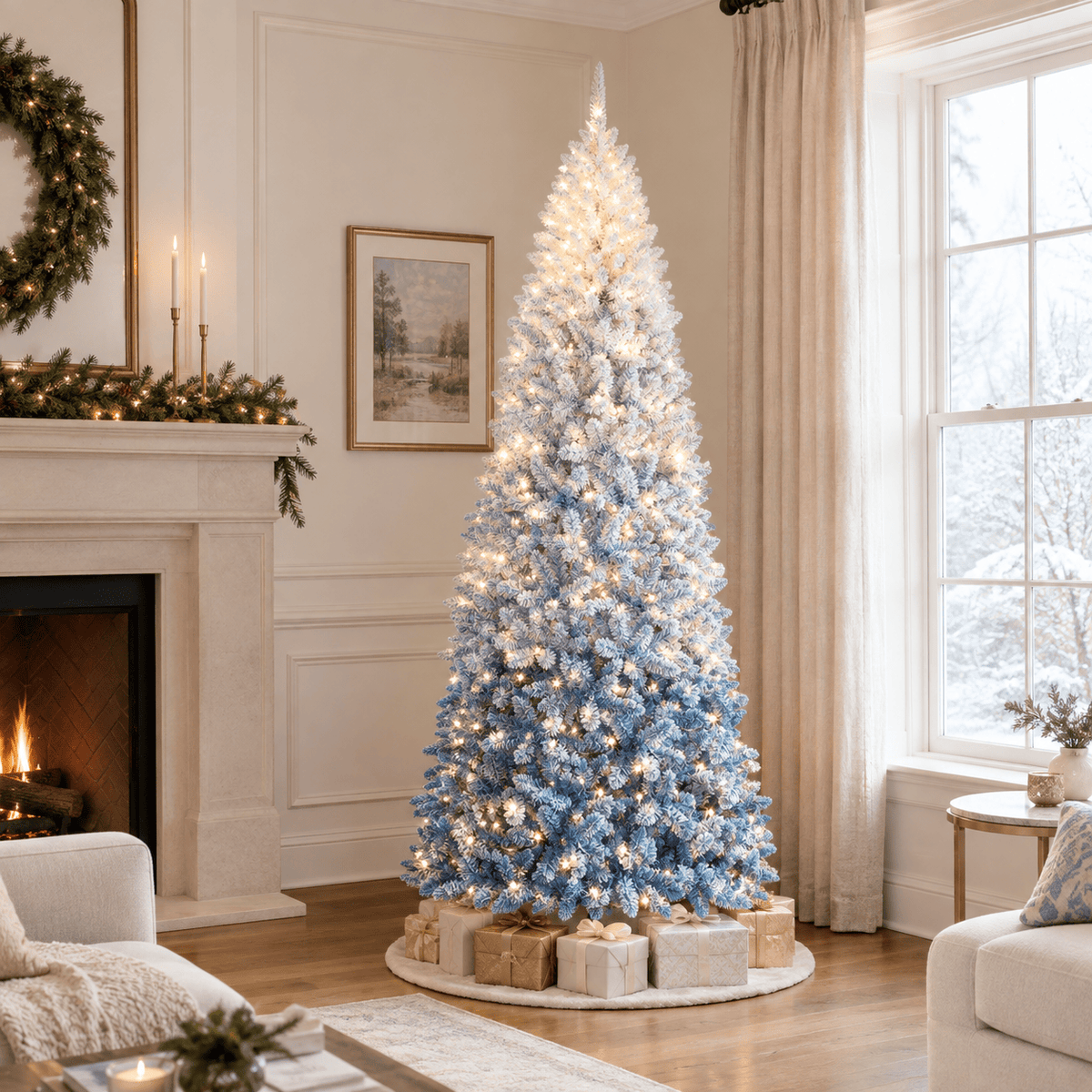 Blue Gradient Flocked Artificial Christmas Tree, Slim Pencil Design