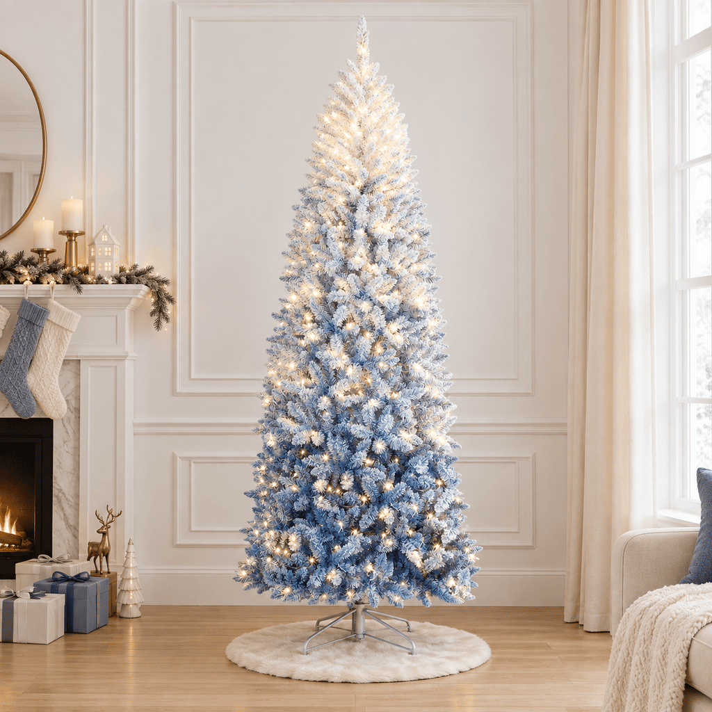 Blue Gradient Flocked Artificial Christmas Tree, Slim Pencil Design