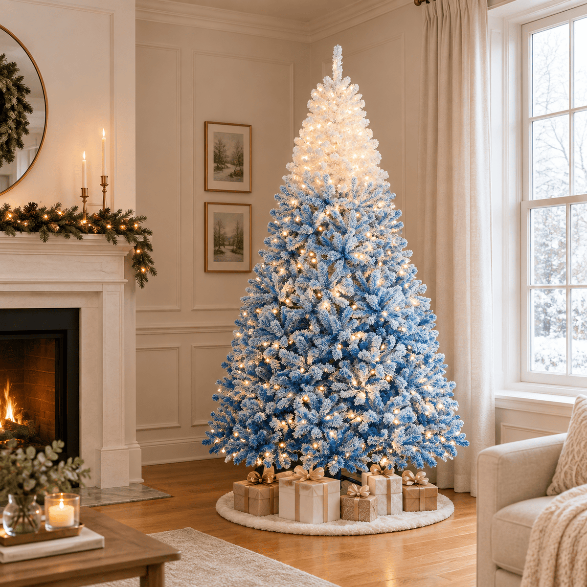 Blue Gradient Flocked Christmas Tree with 470 LED Lights, Hinged