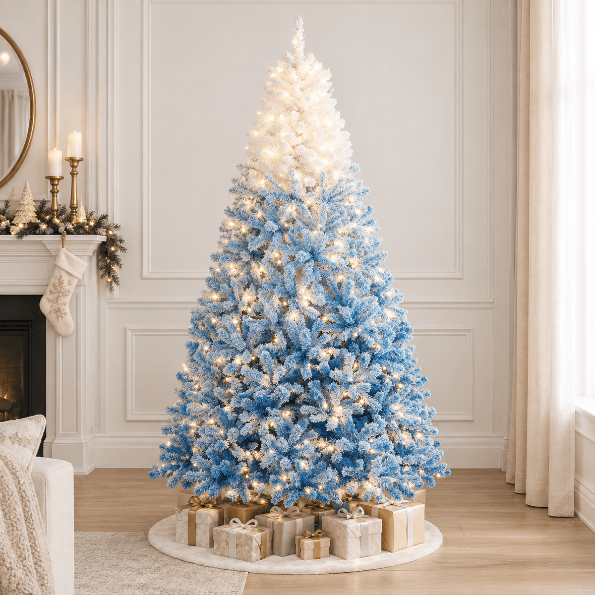 Blue Gradient Flocked Christmas Tree with 470 LED Lights, Hinged