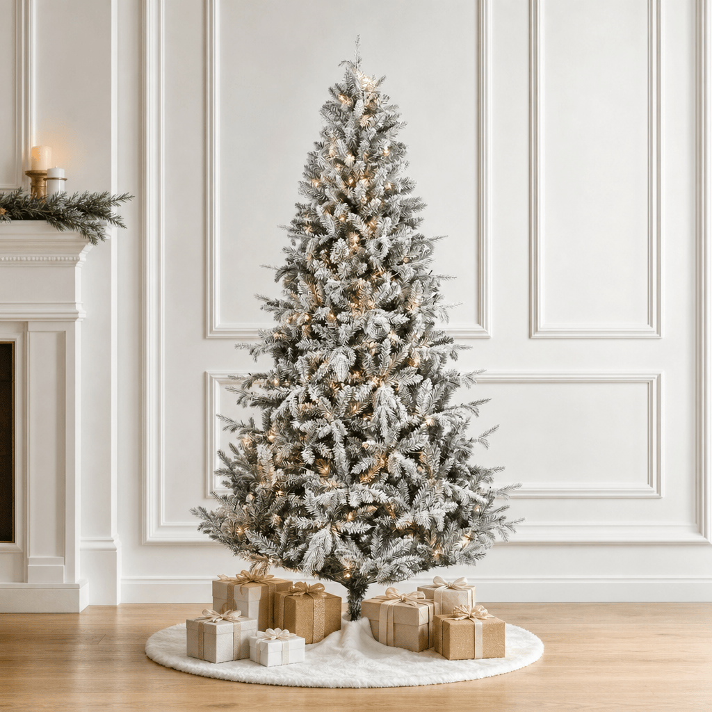 Flocked Artificial Christmas Tree Pre-Lit with 400 Warm White LEDs