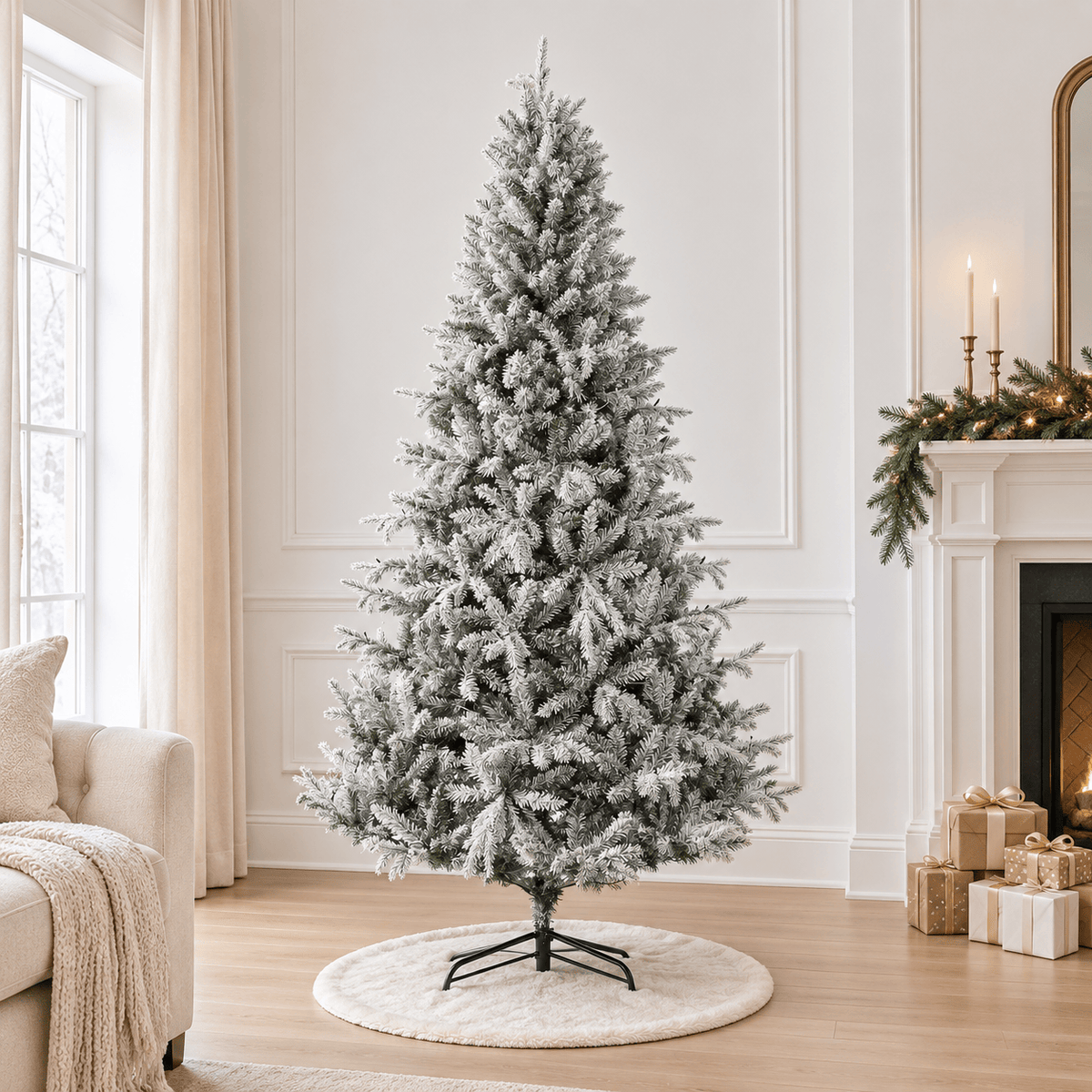 Flocked Artificial Christmas Tree Pre-Lit with 400 Warm White LEDs