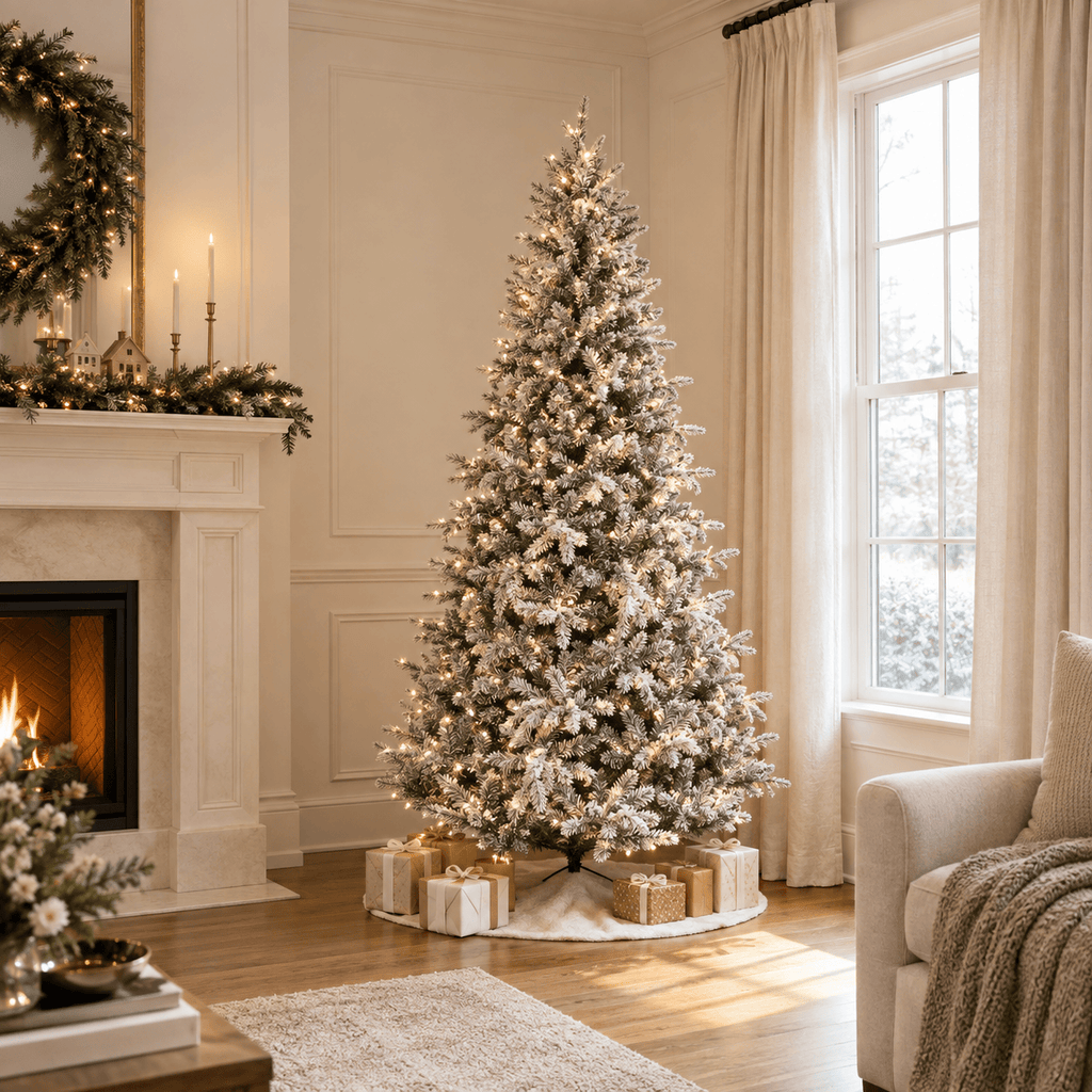 Flocked Artificial Christmas Tree Pre-Lit with 400 Warm White LEDs
