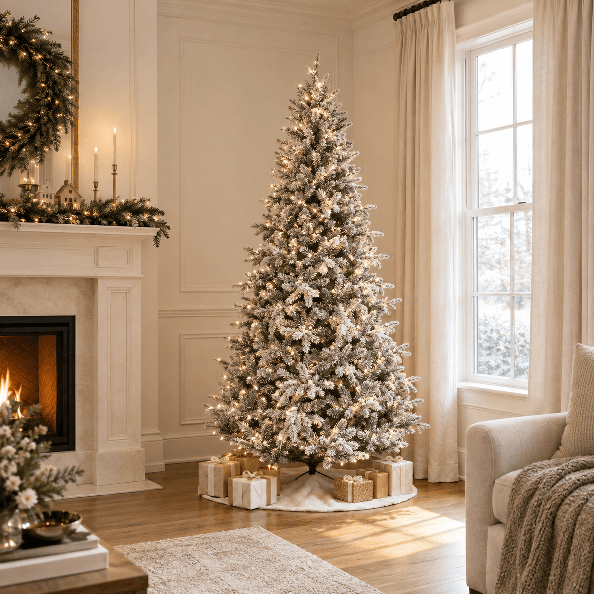 Flocked Artificial Christmas Tree Pre-Lit with 400 Warm White LEDs