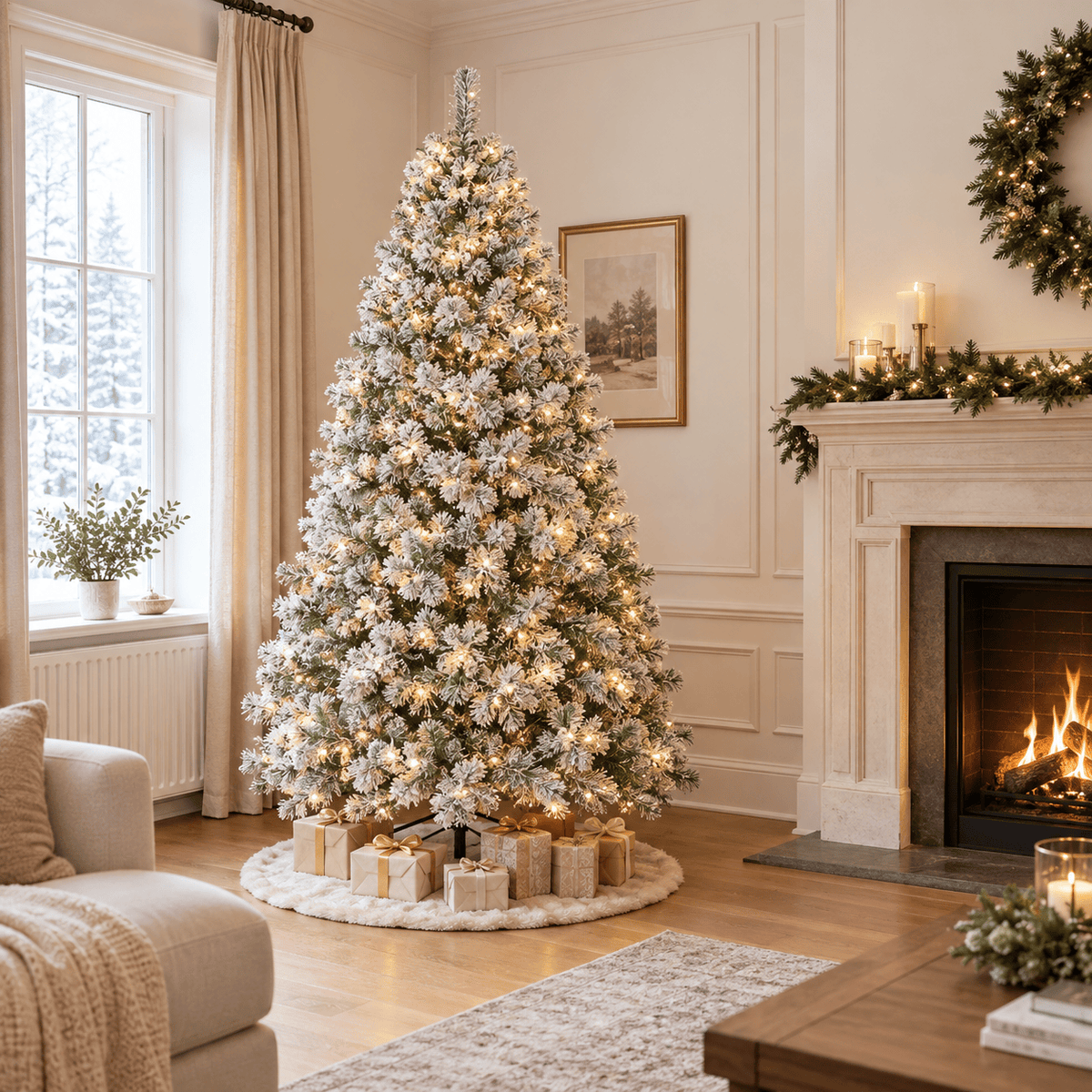 Flocked Artificial Christmas Tree with 100 Warm White LED Lights