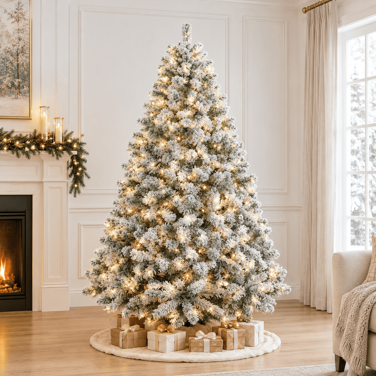 Flocked Artificial Christmas Tree with 100 Warm White LED Lights