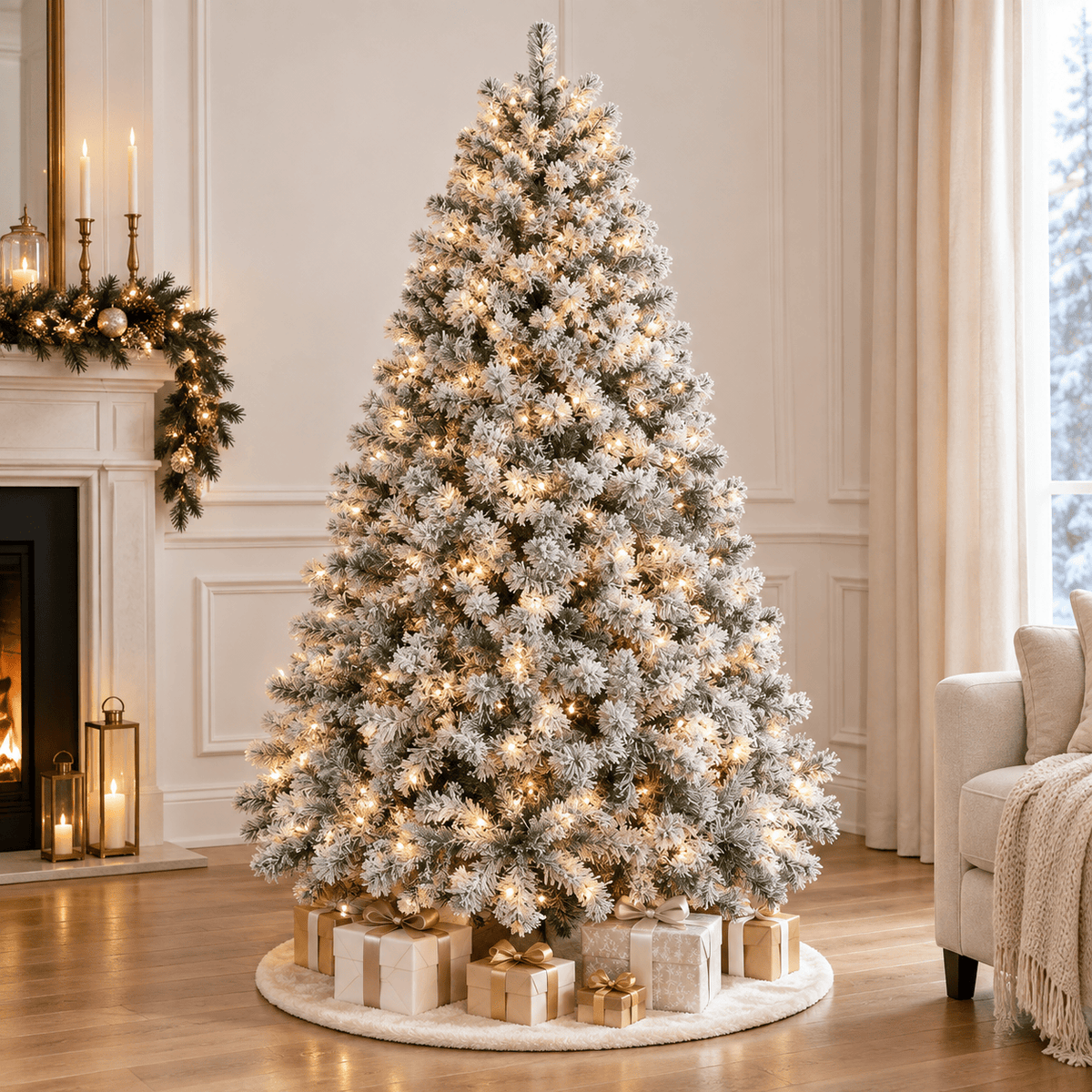 Flocked Artificial Christmas Tree with 100 Warm White LED Lights