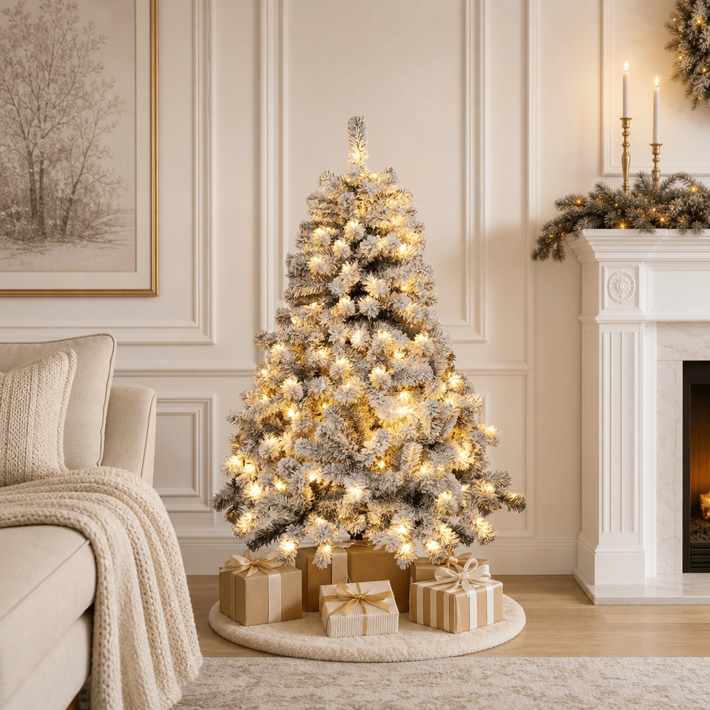 Flocked Artificial Christmas Tree with 150 Warm White LED Lights