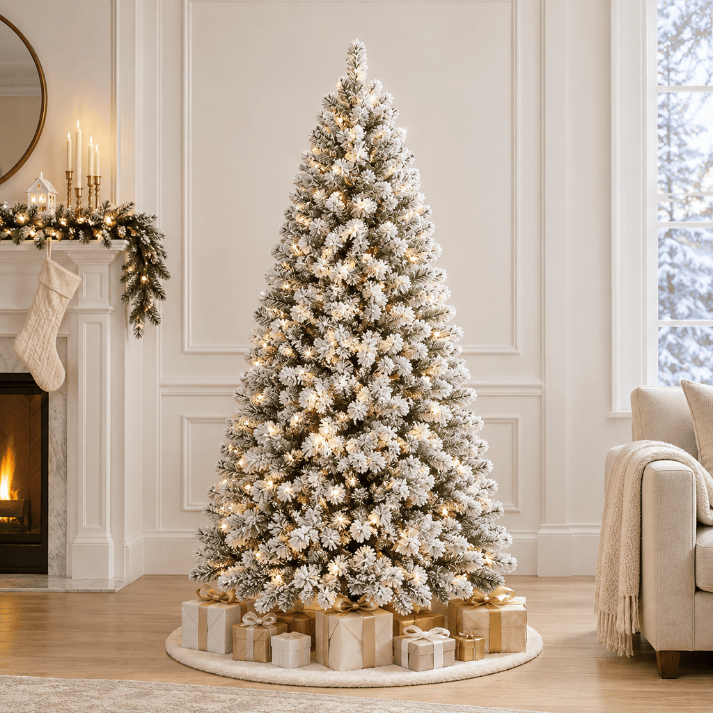 Flocked Artificial Christmas Tree with 250 Warm White Lights, 710 Tips