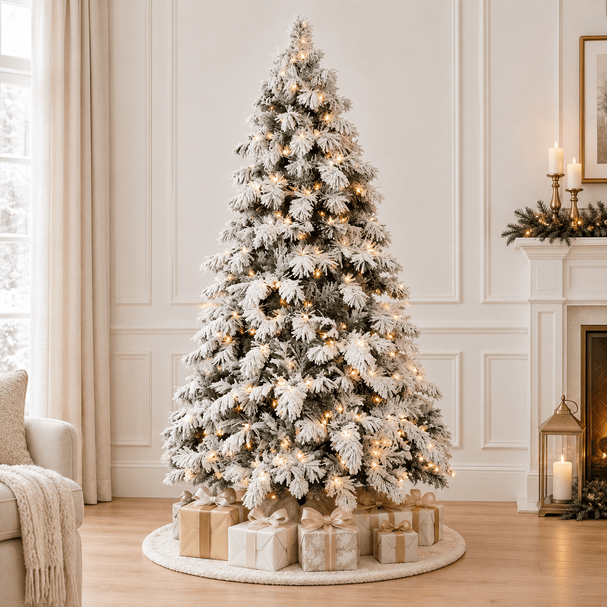 Flocked Artificial Christmas Tree with 360 LED Lights, 890 Tips