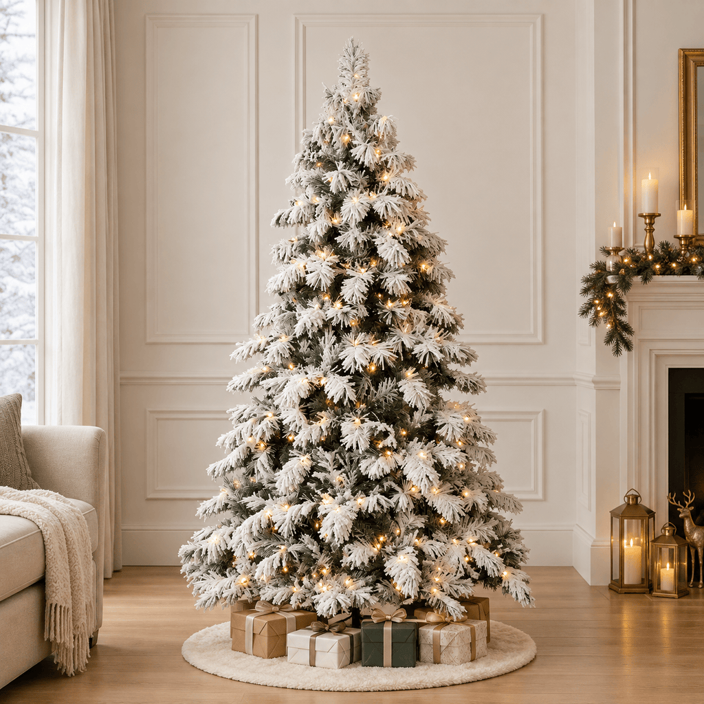 Flocked Artificial Christmas Tree with 360 LED Lights, 890 Tips