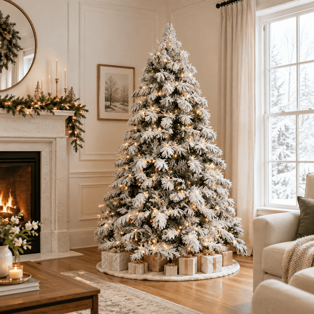 Flocked Artificial Christmas Tree with 360 LED Lights, 890 Tips