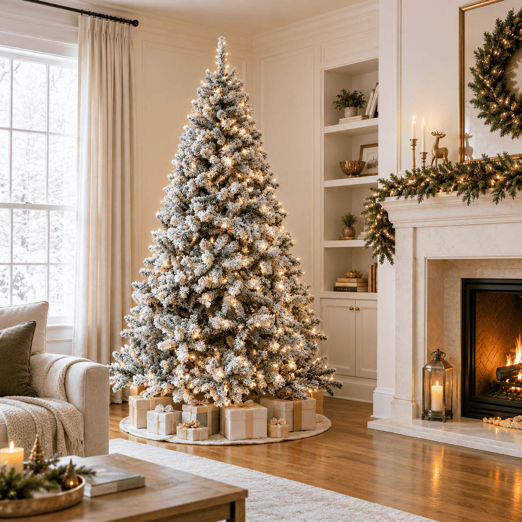 Flocked Artificial Christmas Tree with 950-1200 Branch Tips, Snow Fini