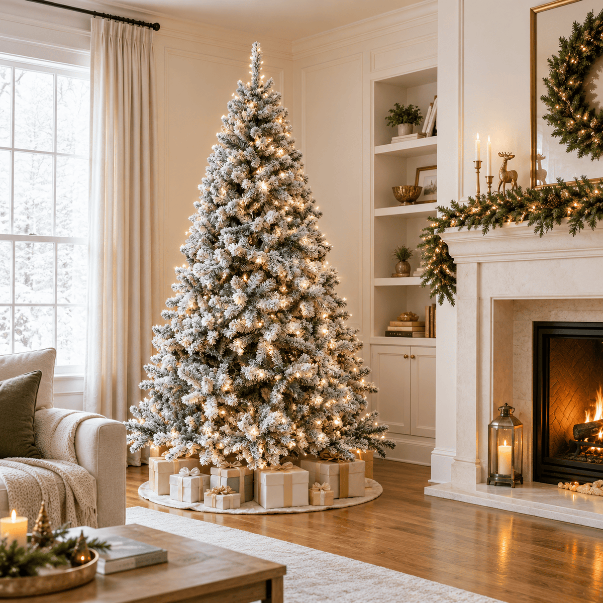 Flocked Artificial Christmas Tree with 950-1200 Branch Tips, Snow Fini