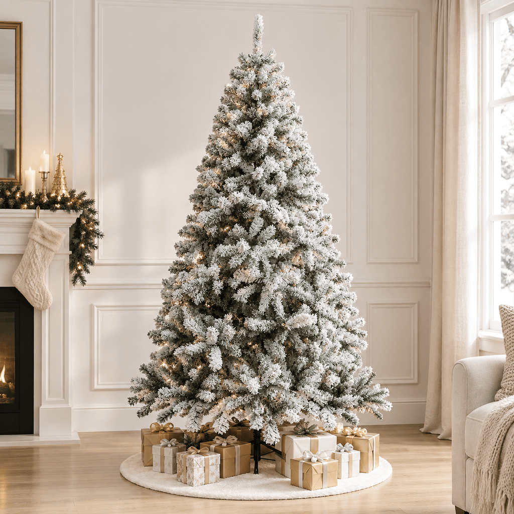 Flocked Artificial Christmas Tree with 950-1200 Branch Tips, Snow Fini