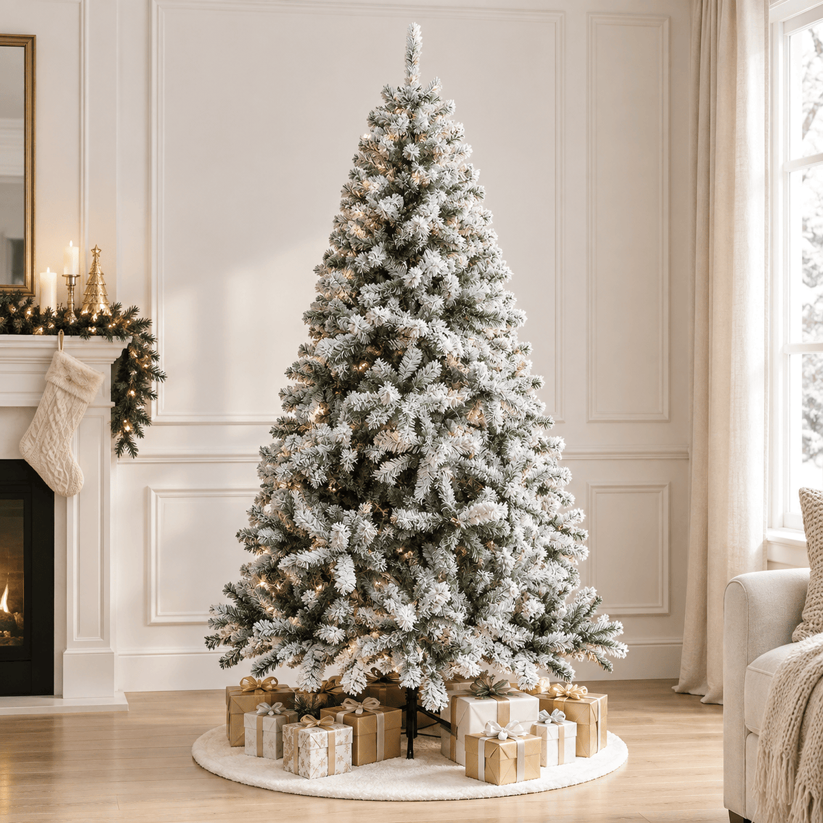 Flocked Artificial Christmas Tree with 950-1200 Branch Tips, Snow Fini