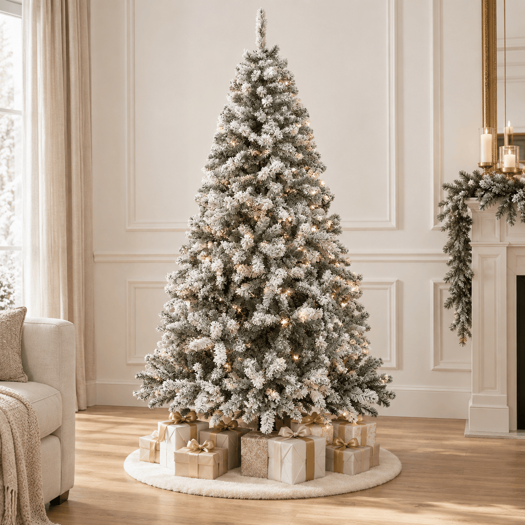 Flocked Artificial Christmas Tree with 950-1200 Branch Tips, Snow Fini
