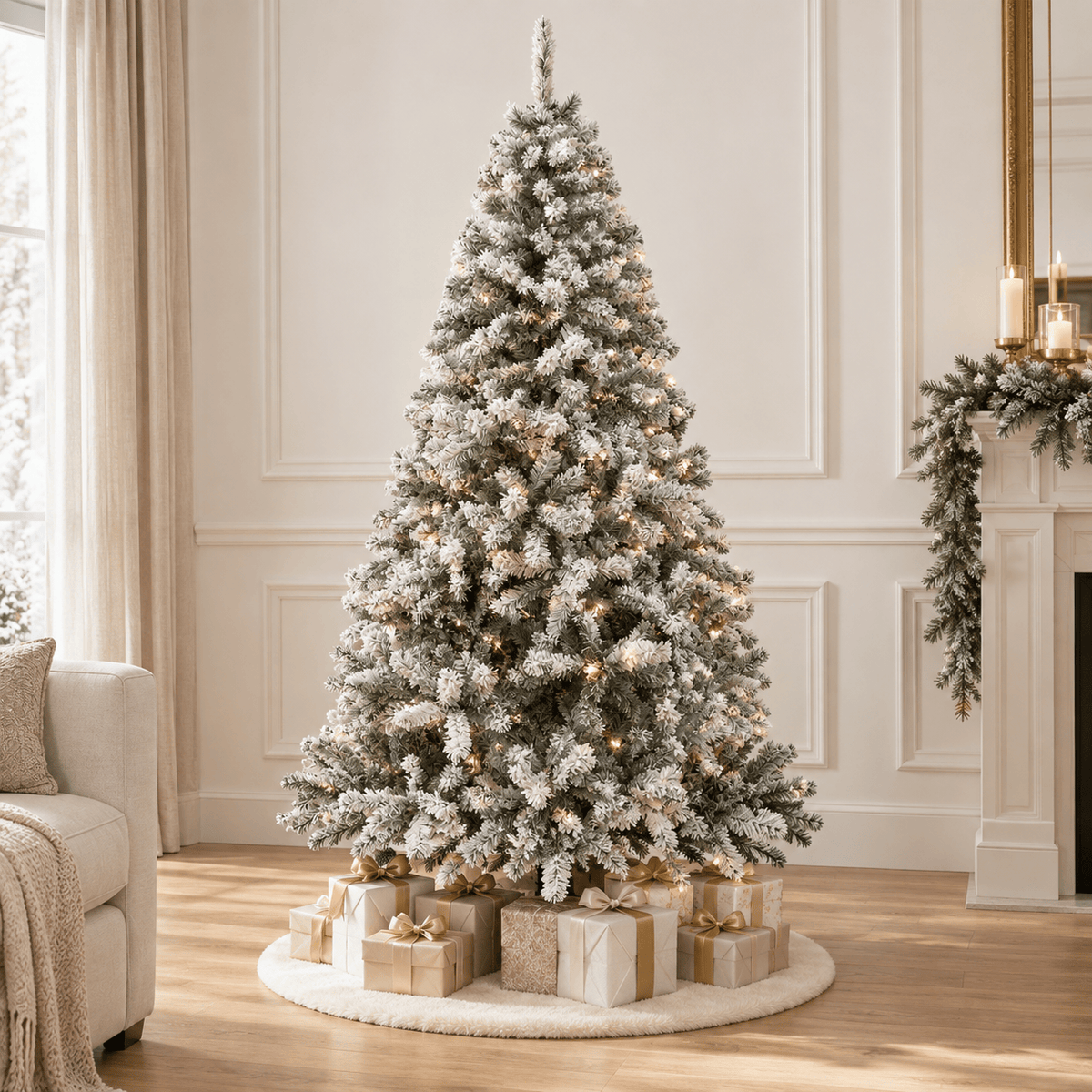 Flocked Artificial Christmas Tree with 950-1200 Branch Tips, Snow Fini