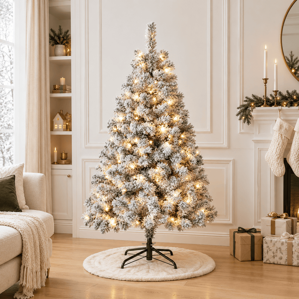 Flocked Christmas Tree with 250 LED Lights, 710 Tips, Hinged Branches