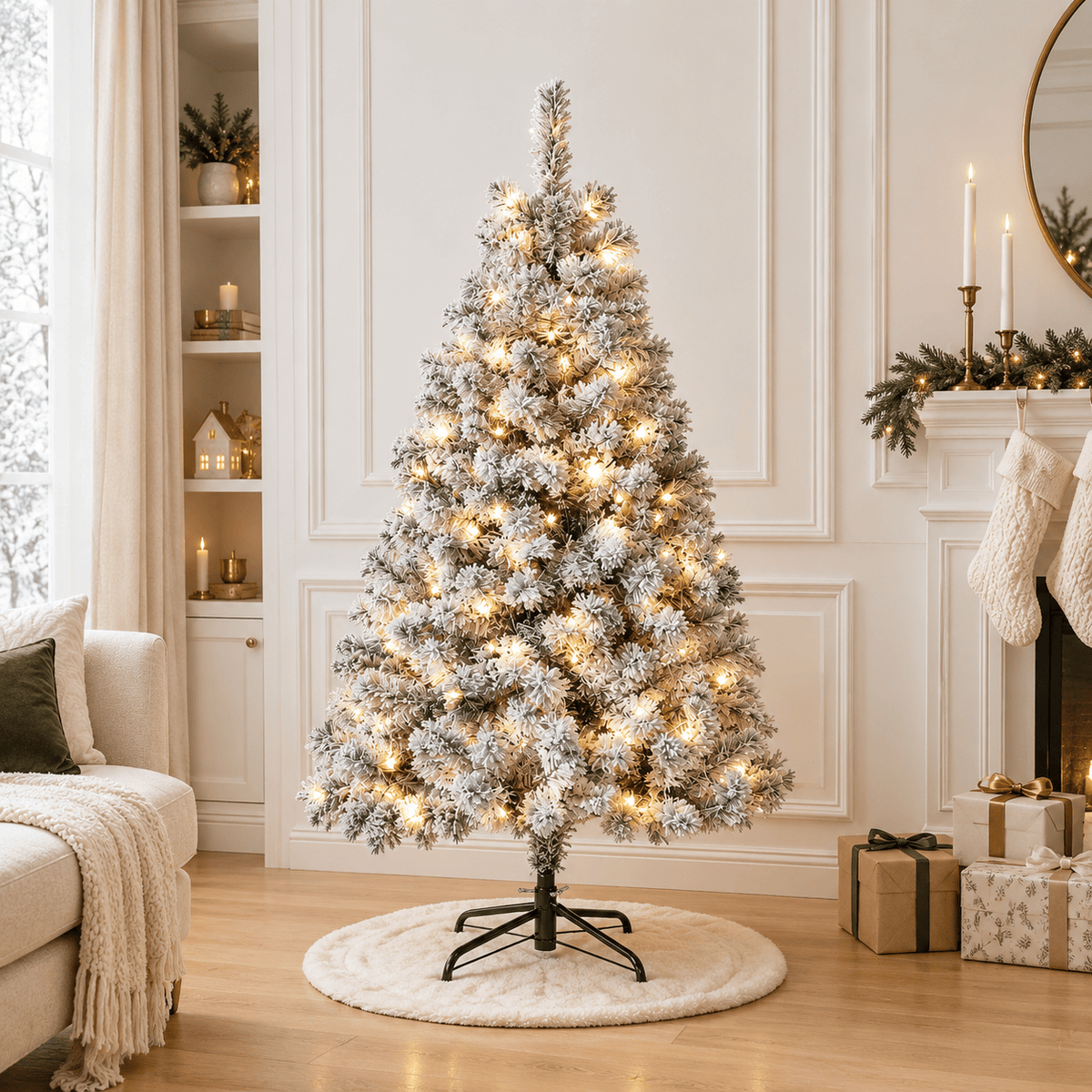 Flocked Christmas Tree with 250 LED Lights, 710 Tips, Hinged Branches