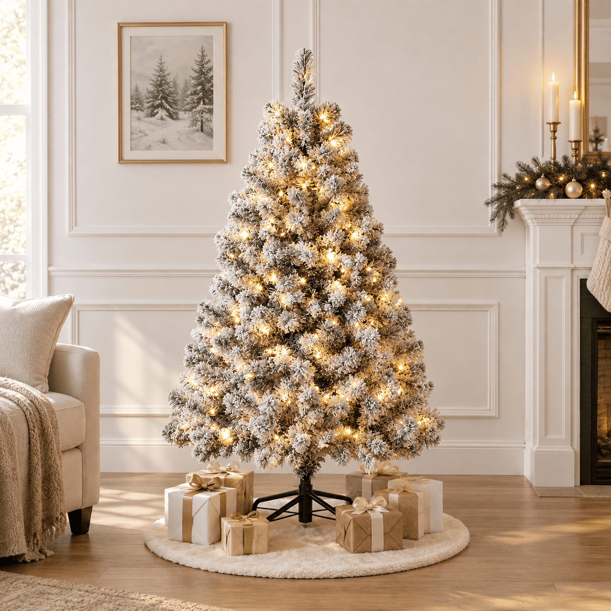 Flocked Christmas Tree with 250 LED Lights, 710 Tips, Hinged Branches