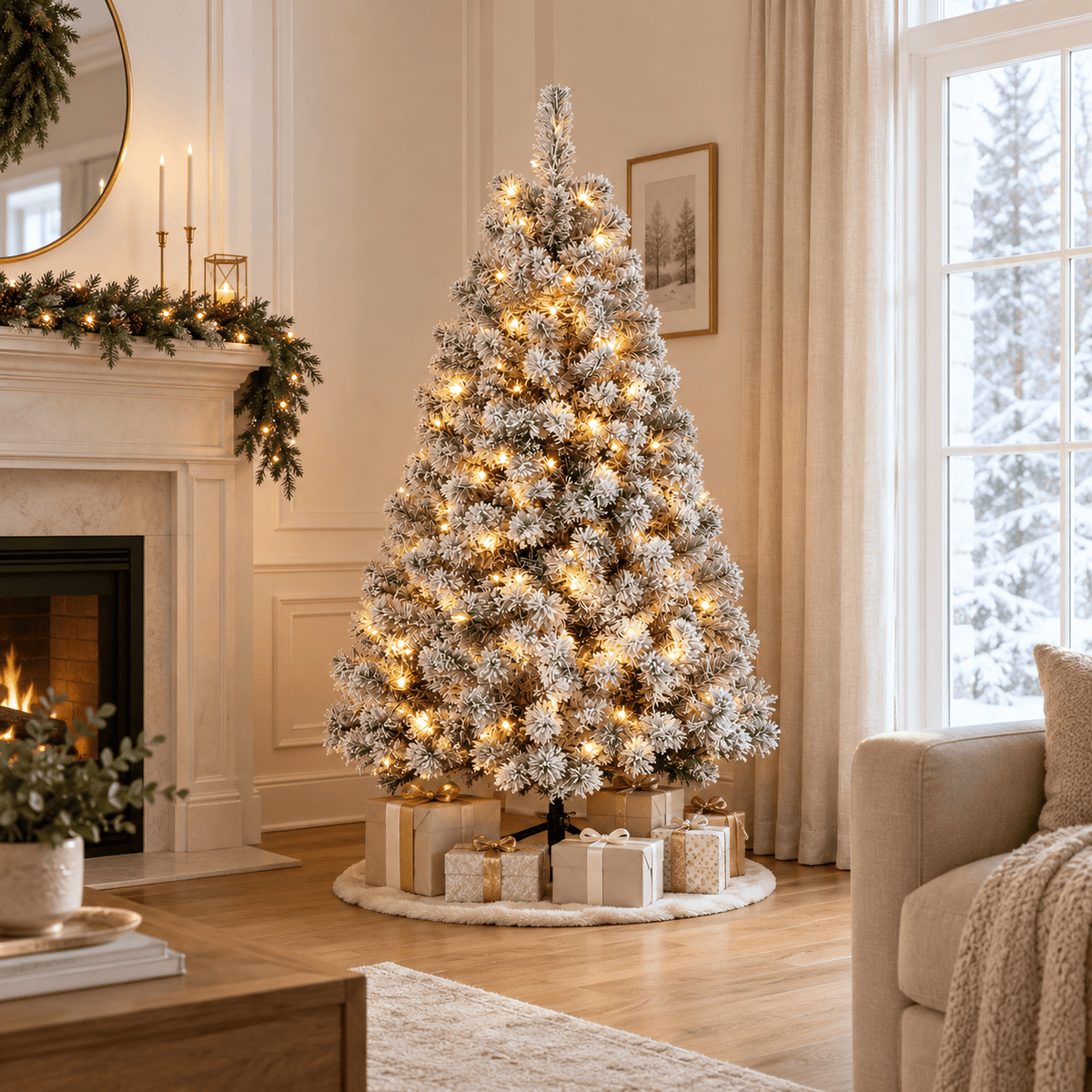 Flocked Christmas Tree with 250 LED Lights, 710 Tips, Hinged Branches
