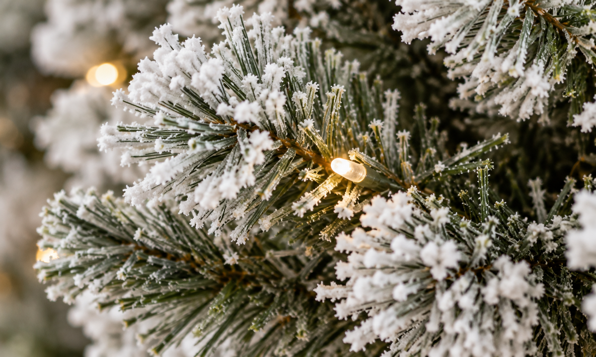 Flocked Christmas Tree with Natural Pine Cones and Snowy Branch Tips - Fullness