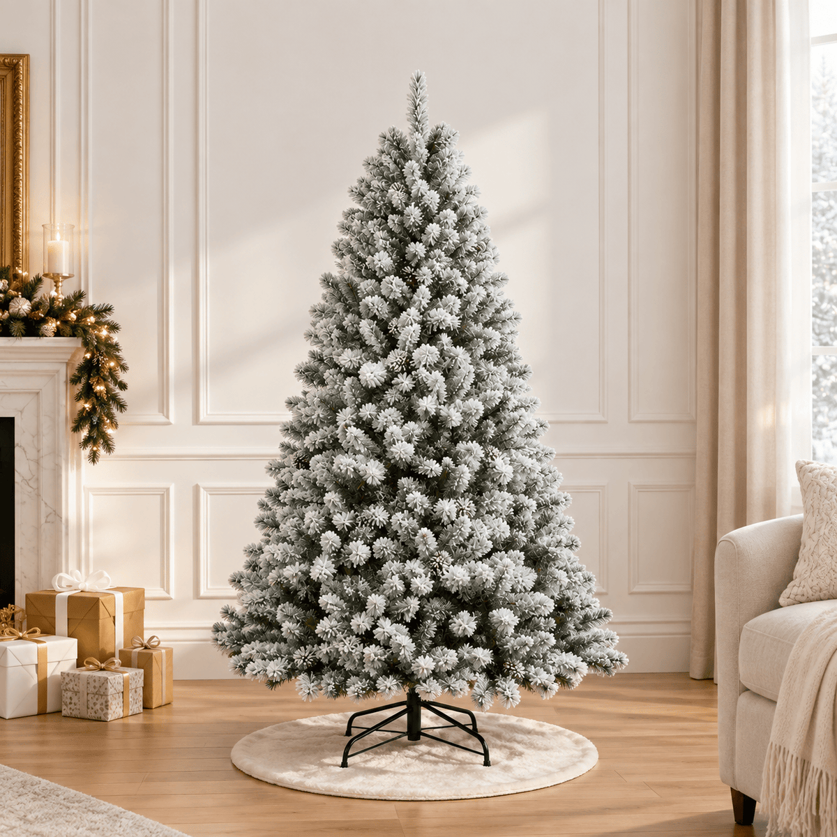 Flocked Christmas Tree with Natural Pine Cones, Snowy PVC Branch Tips