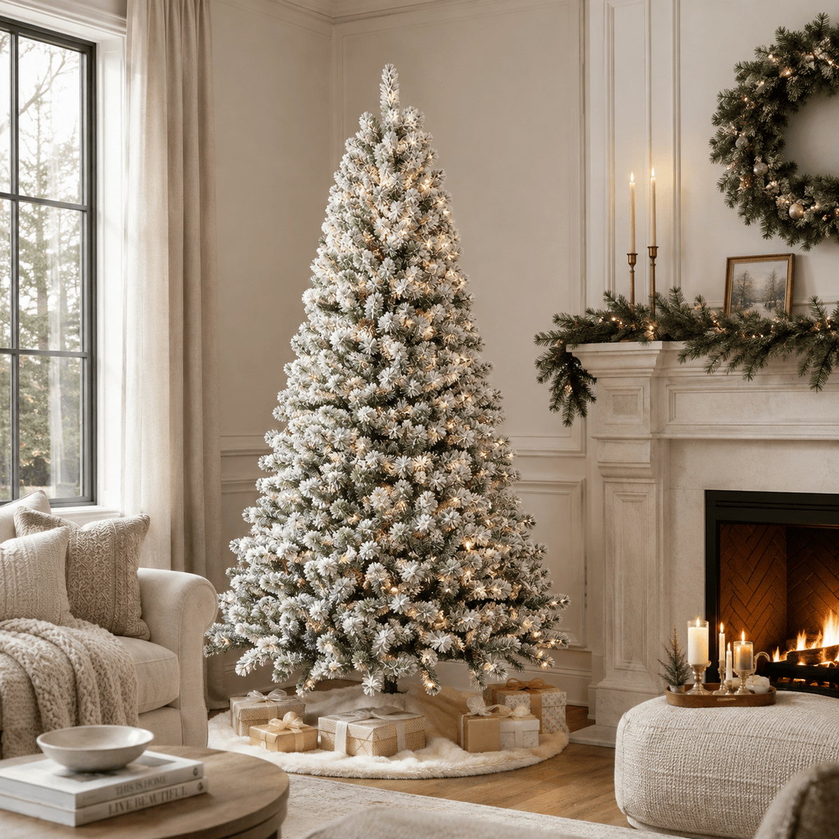 Flocked Christmas Tree with Natural Pine Cones, Snowy PVC Branch Tips