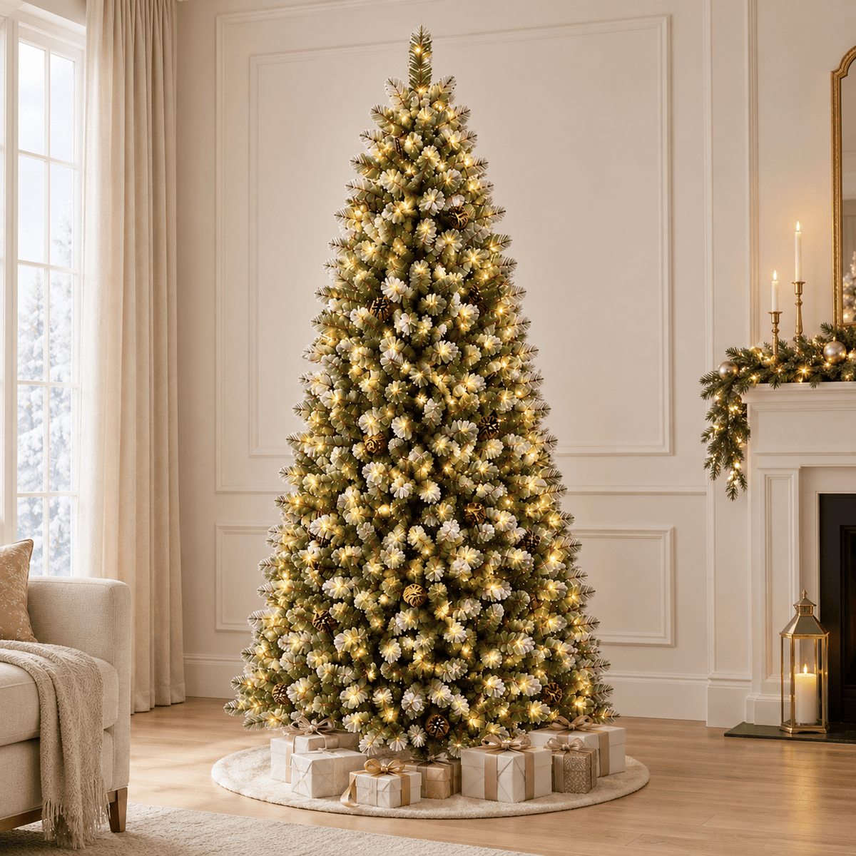 Flocked Christmas Tree with Pine Cones, 550 LED Lights & Hinged Branch