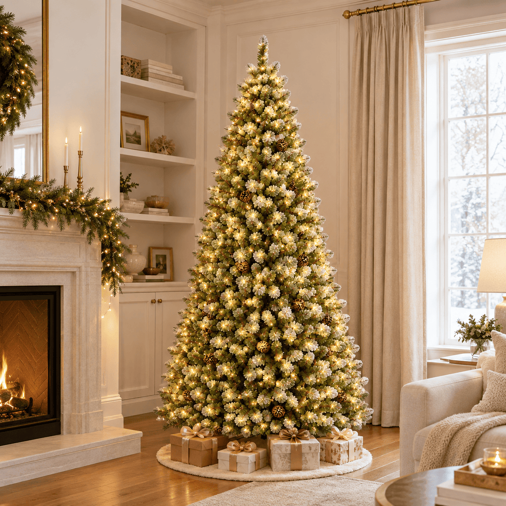 Flocked Christmas Tree with Pine Cones, 550 LED Lights & Hinged Branch