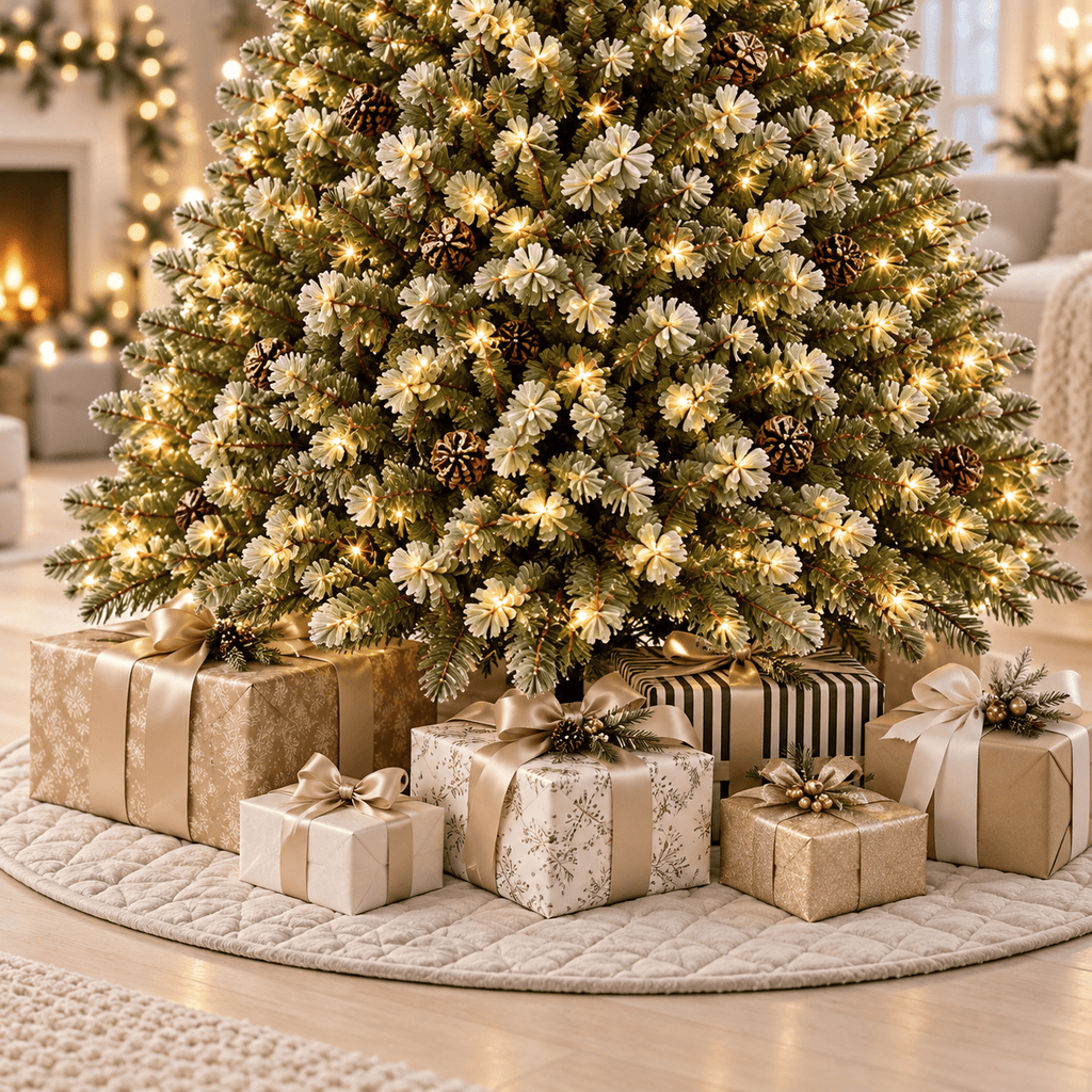 Flocked Christmas Tree with Pine Cones, 550 LED Lights & Hinged Branch