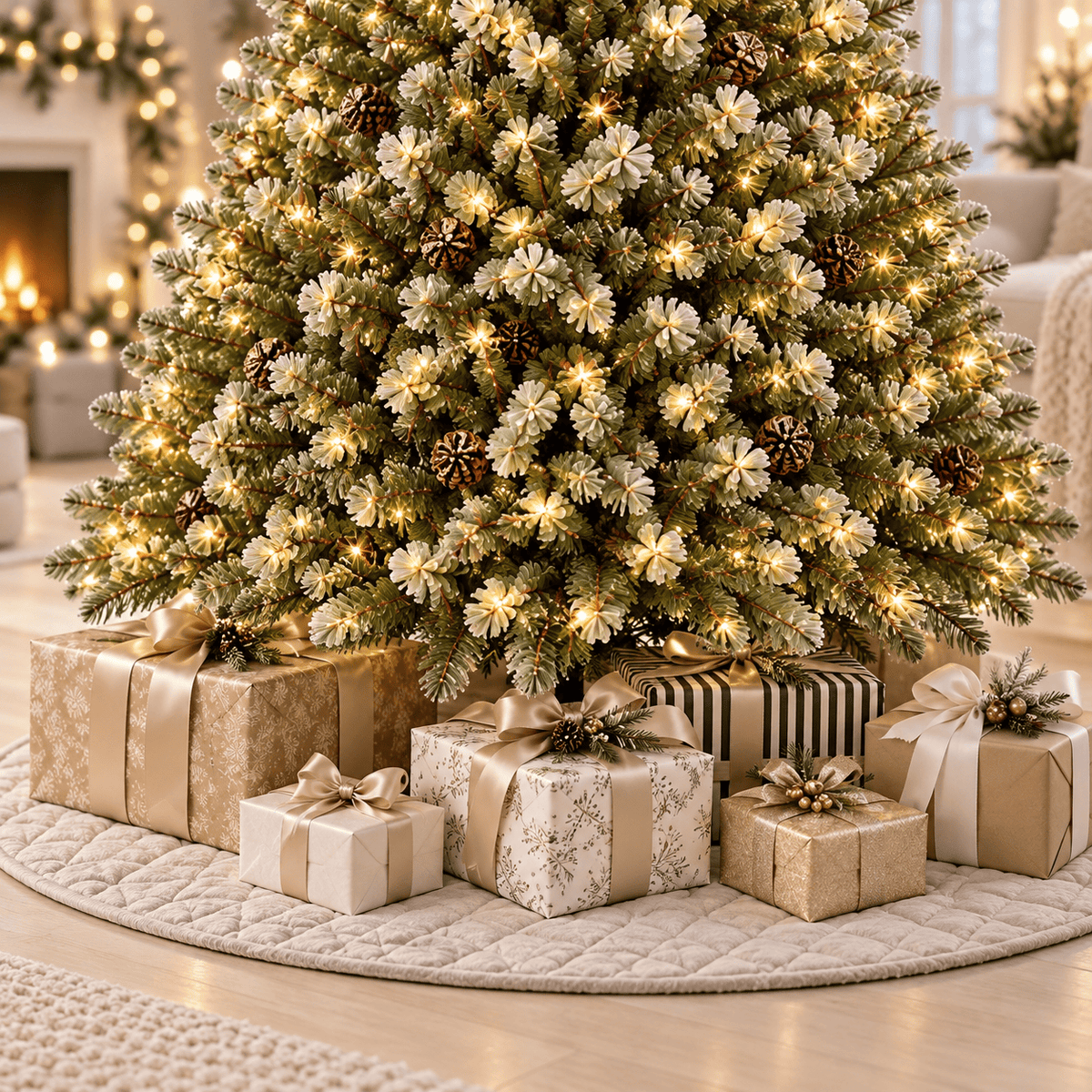 Flocked Christmas Tree with Pine Cones, 550 LED Lights & Hinged Branch