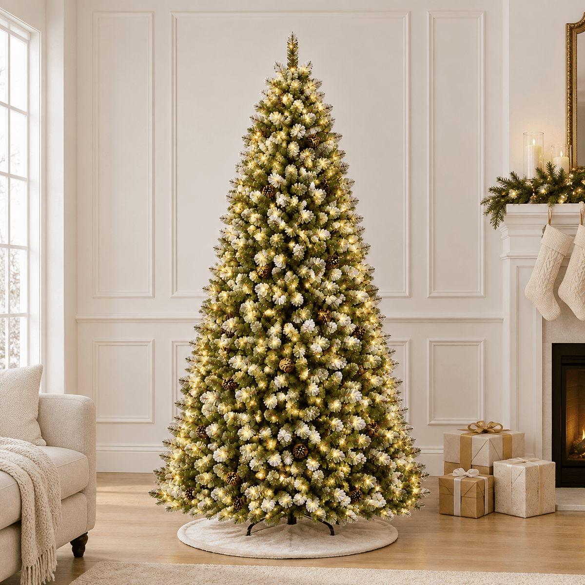 Flocked Christmas Tree with Pine Cones, 550 LED Lights & Hinged Branch