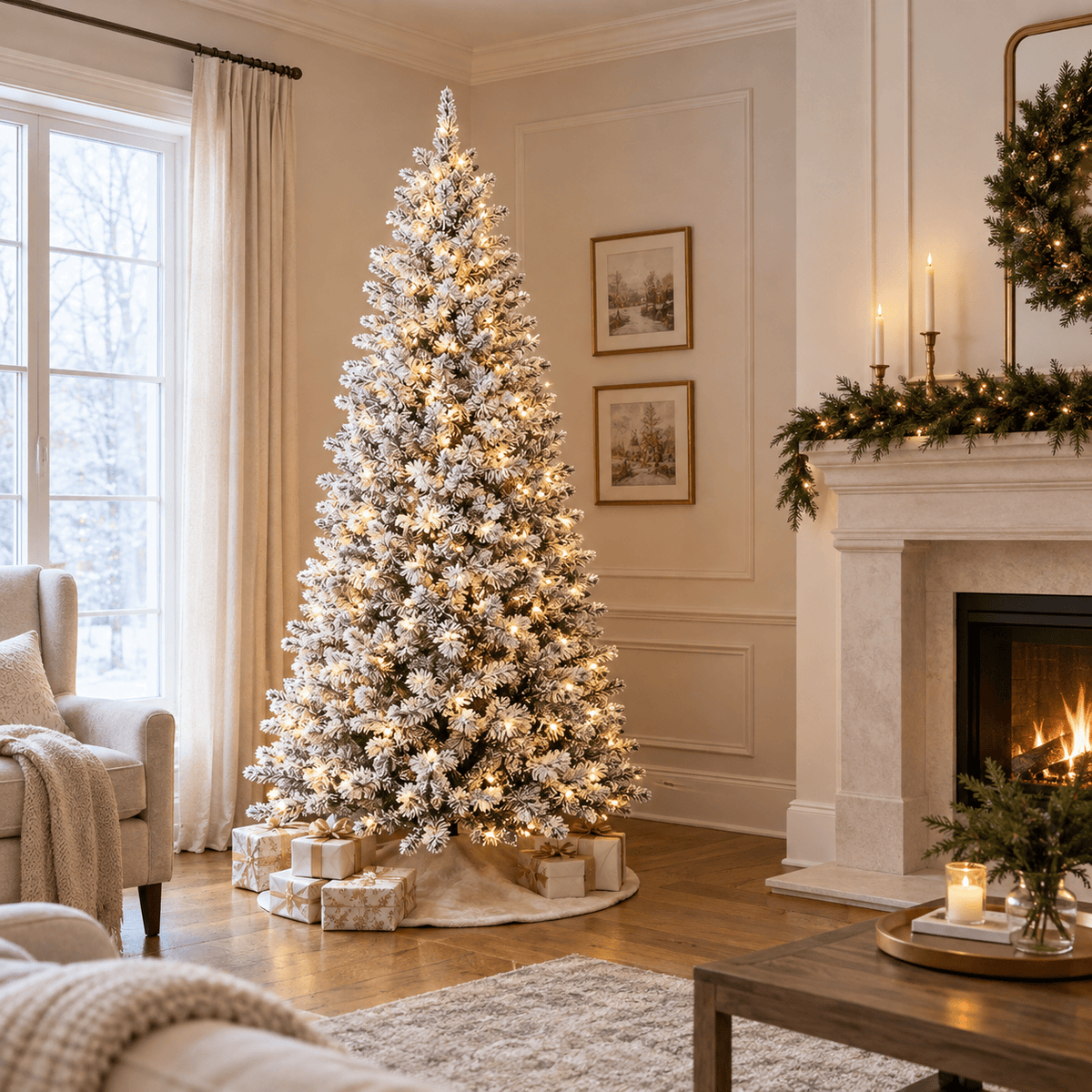 Flocked Pencil Artificial Christmas Tree with LED Lights, Metal Stand
