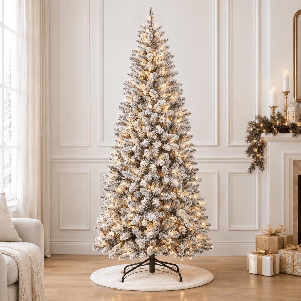 Flocked Pencil Artificial Christmas Tree with LED Lights, Metal Stand