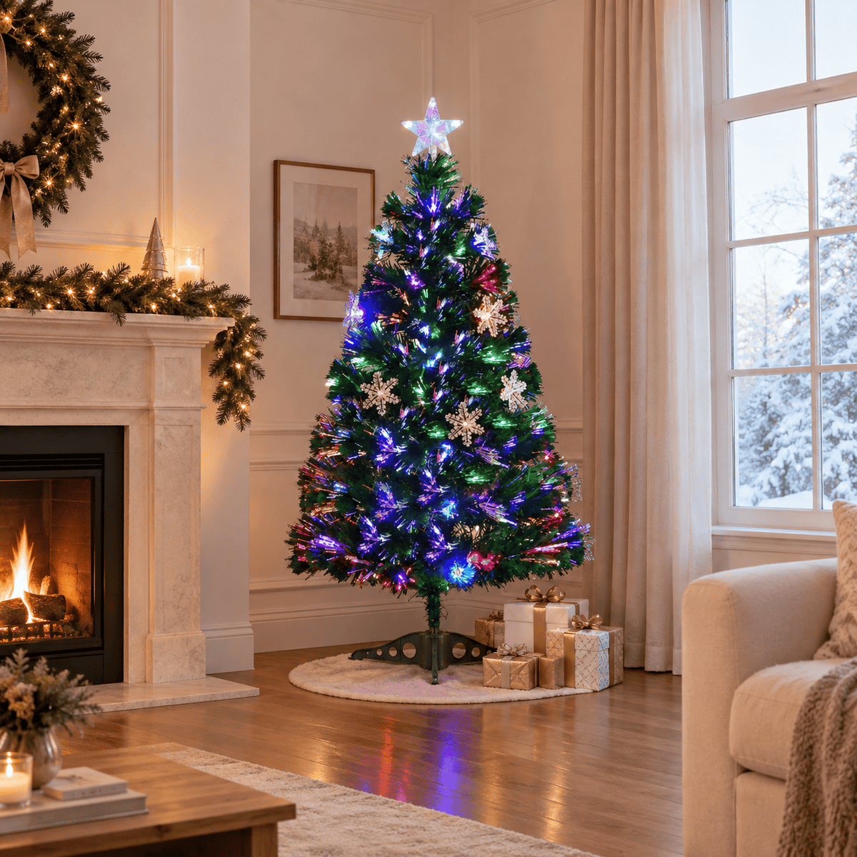Green Fiber Optic Christmas Tree with LED Lights & Snowflakes