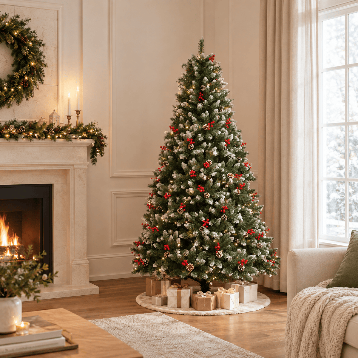 Green Flocked Artificial Christmas Tree Pre-Lit LED with Berries