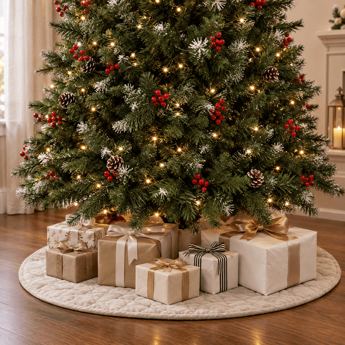 Green Flocked Artificial Christmas Tree Pre-Lit LED with Berries